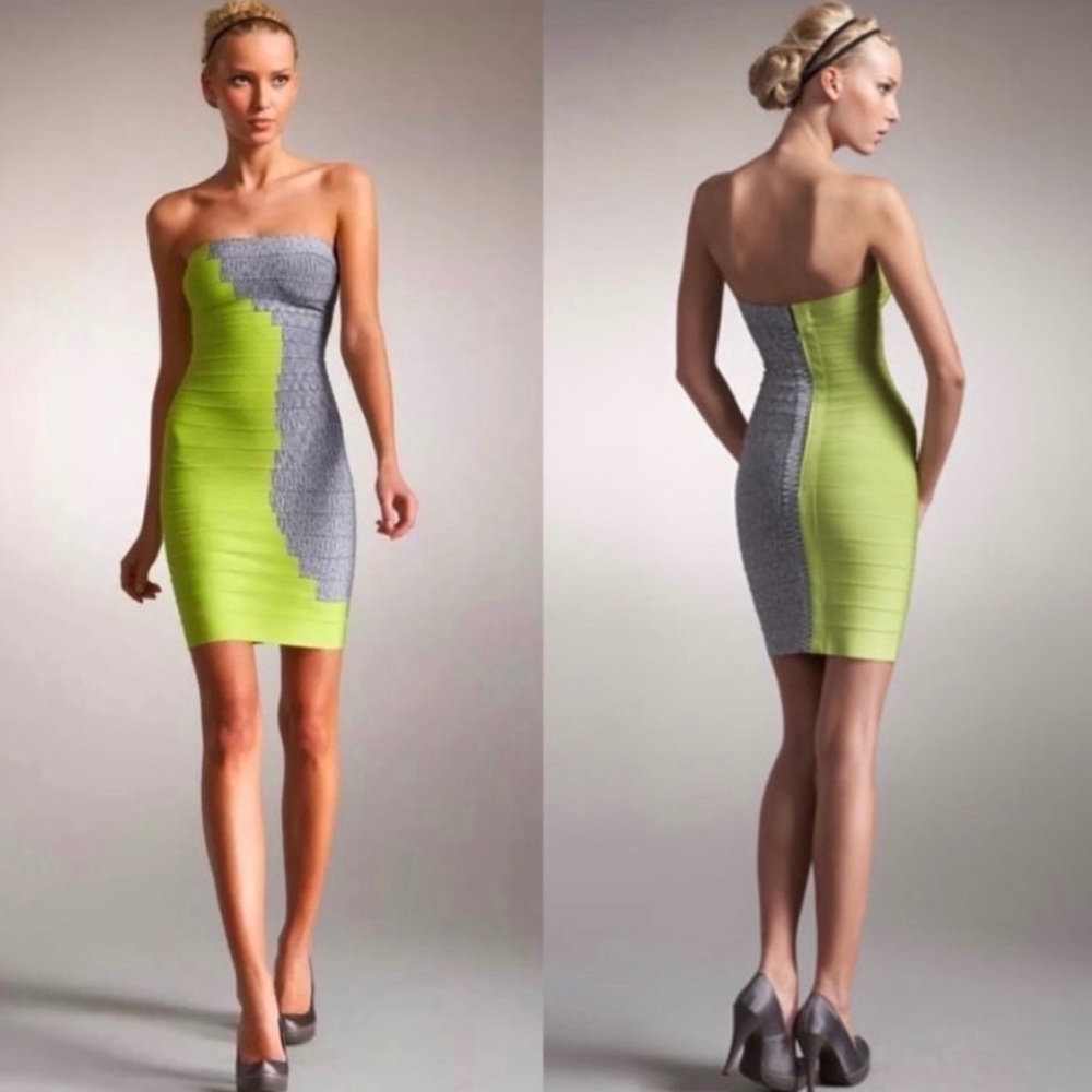 Herve Leger Neon Two Tone Classic Strapless Bodycon Bandage Cocktail Party Dress